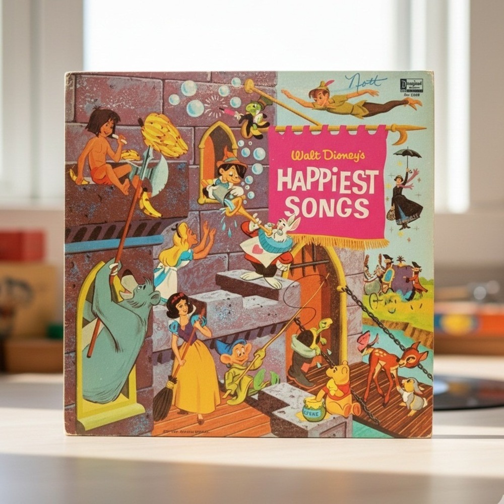 Vintage 1967 Disney Happiest Songs Vinyl Record Snow White Bambi Pooh Art LP‎